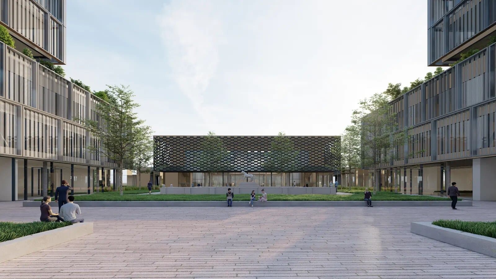 Visualisierung eines Stadtplatzes mit Pavillon und Gebäuden mit Fassadenraster
